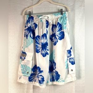 B Split L Board Short Swim Trunks
Blue White Hibiscus Tropical Surf Beach